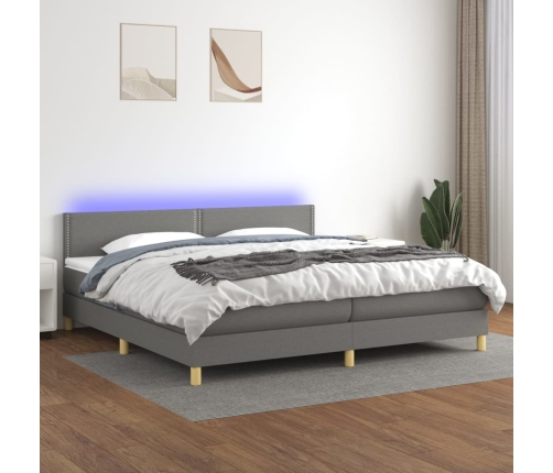 Cama box spring con colchón y LED tela gris oscuro 200x200 cm