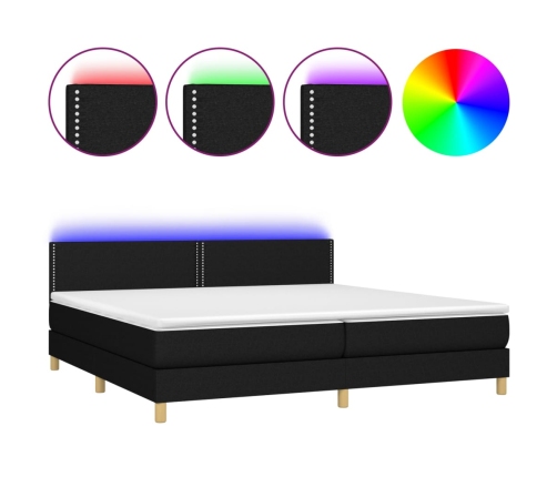 Cama box spring con colchón LED tela negro 200x200 cm