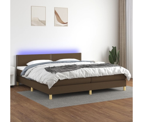 Cama box spring con colchón LED tela marrón oscuro 200x200 cm