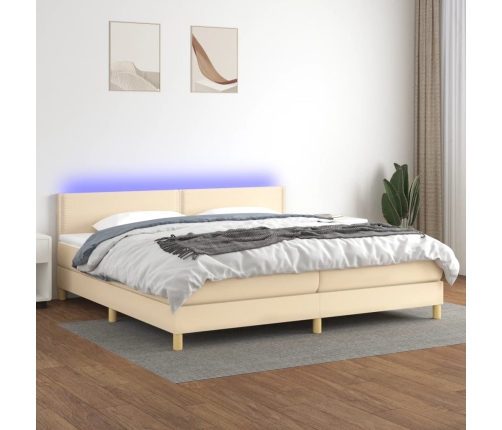 Cama box spring con colchón y LED tela crema 200x200 cm