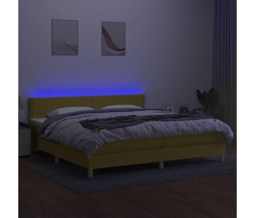 Cama box spring con colchón y LED tela verde 200x200 cm