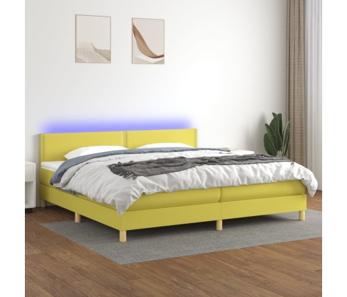 Cama box spring con colchón y LED tela verde 200x200 cm