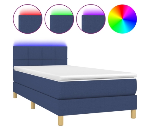 Cama box spring con colchón y LED tela azul 90x190 cm