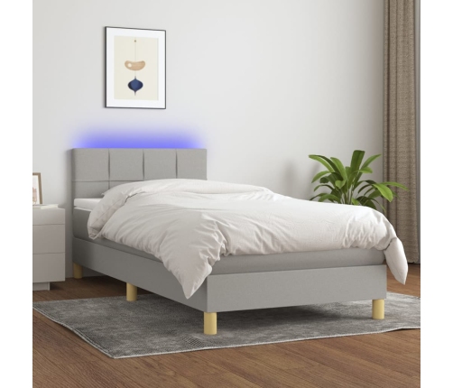 Cama box spring colchón y luces LED tela gris claro 90x200 cm