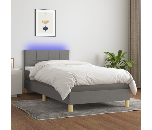 vidaXL Cama box spring con colchón y LED tela gris oscuro 90x200 cm