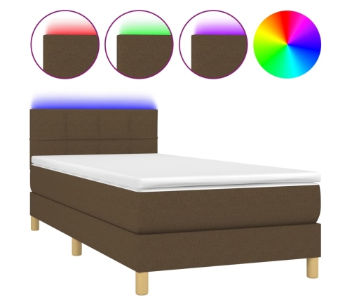 Cama box spring con colchón LED tela marrón oscuro 90x200 cm