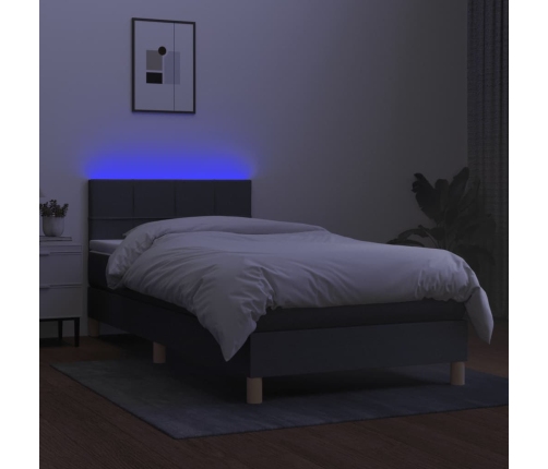 Cama box spring con colchón y LED tela gris oscuro 100x200 cm