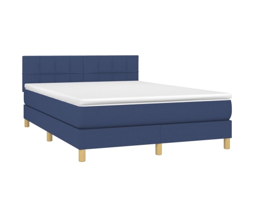 Cama box spring con colchón y LED tela azul 140x200 cm