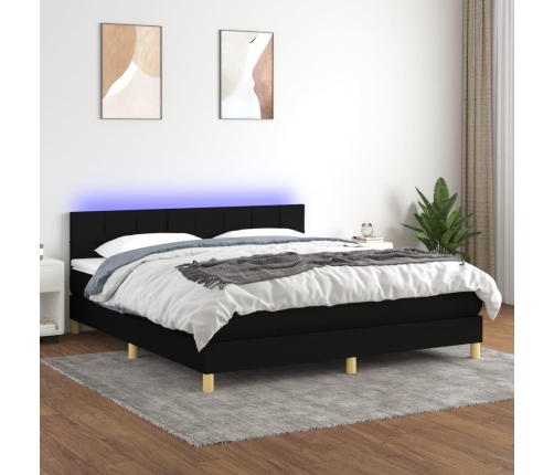 Cama box spring con colchón LED tela negro 160x200 cm