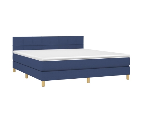 Cama box spring con colchón y LED tela azul 160x200 cm