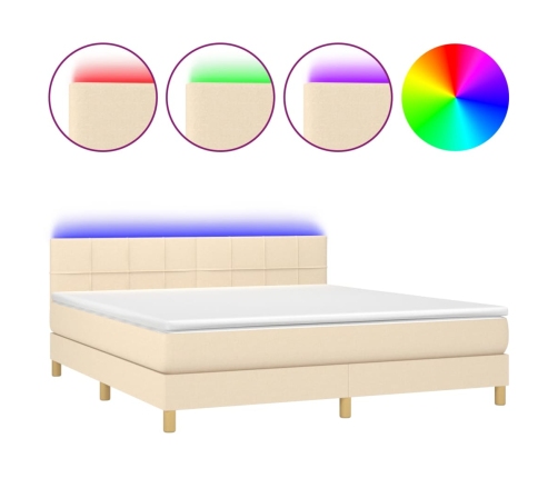 Cama box spring con colchón y LED tela crema 180x200 cm