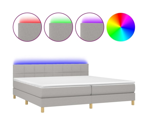 Cama box spring con colchón tela y LED gris claro 200x200 cm