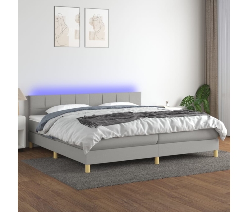 Cama box spring con colchón tela y LED gris claro 200x200 cm