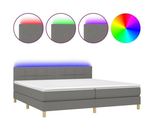 Cama box spring con colchón y LED tela gris oscuro 200x200 cm