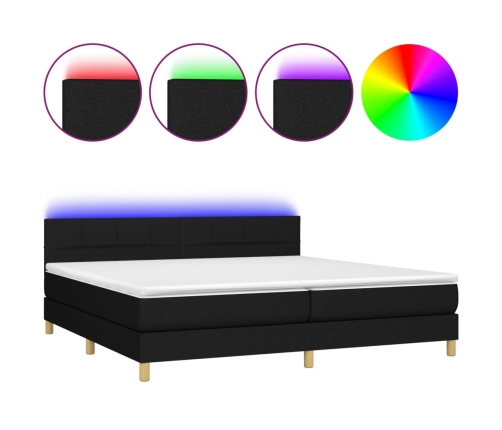 Cama box spring con colchón LED tela negro 200x200 cm