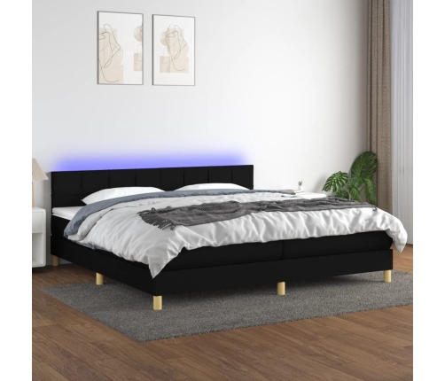 Cama box spring con colchón LED tela negro 200x200 cm