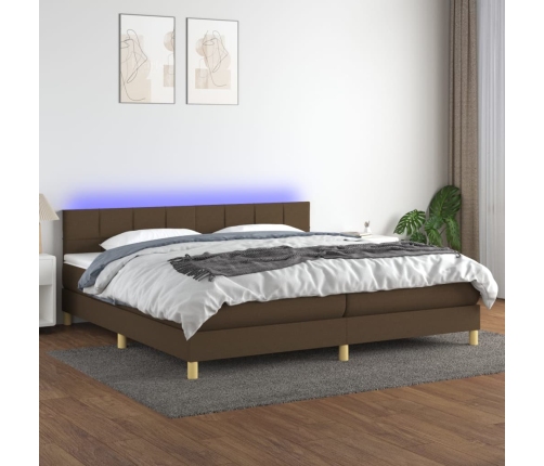 Cama box spring con colchón LED tela marrón oscuro 200x200 cm