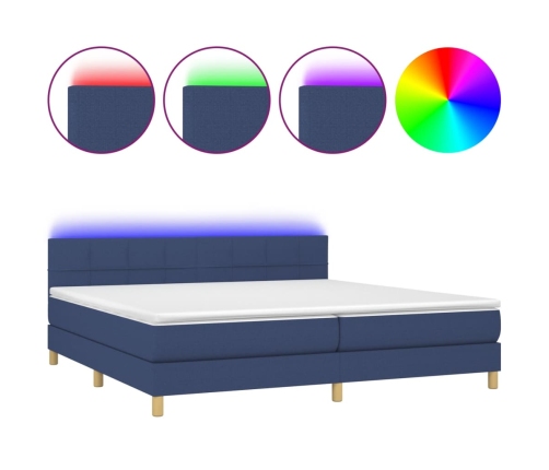 Cama box spring con colchón y LED tela azul 200x200 cm