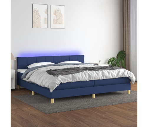 Cama box spring con colchón y LED tela azul 200x200 cm