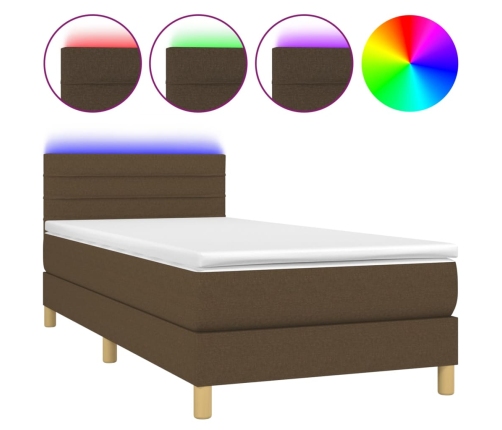 vidaXL Cama box spring con colchón LED tela marrón oscuro 90x190 cm