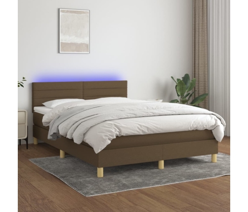 Cama box spring colchón luces LED tela marrón oscuro 140x190 cm