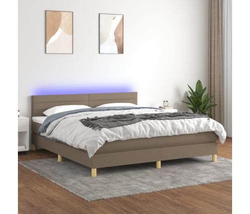 Cama box spring con colchón LED tela gris taupe 160x200 cm