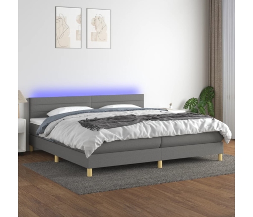 Cama box spring con colchón y LED tela gris oscuro 200x200 cm