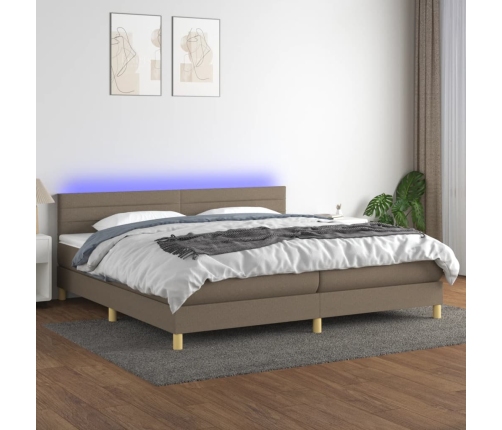 Cama box spring con colchón LED tela gris taupe 200x200 cm