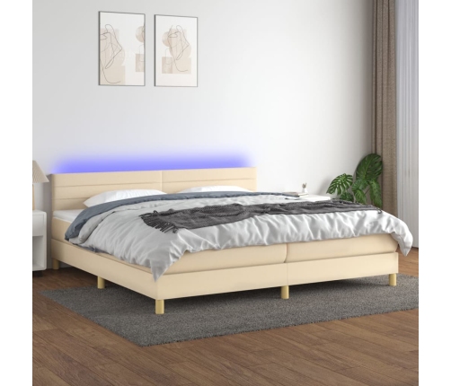 Cama box spring con colchón y LED tela crema 200x200 cm