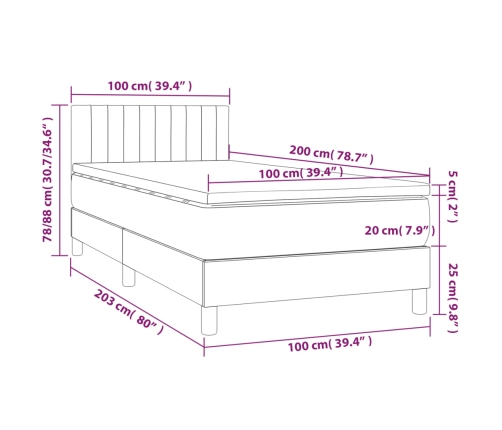Cama box spring con colchón y LED tela azul 100x200 cm