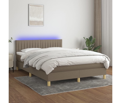 Cama box spring colchón y luces LED tela gris taupe 140x190 cm