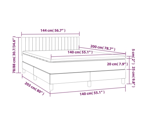 Cama box spring con colchón LED tela marrón oscuro 140x200 cm