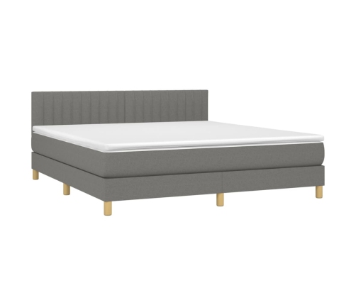 Cama box spring con colchón y LED tela gris oscuro 160x200 cm