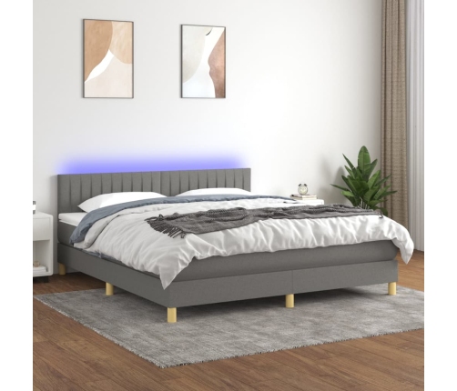 Cama box spring con colchón y LED tela gris oscuro 160x200 cm