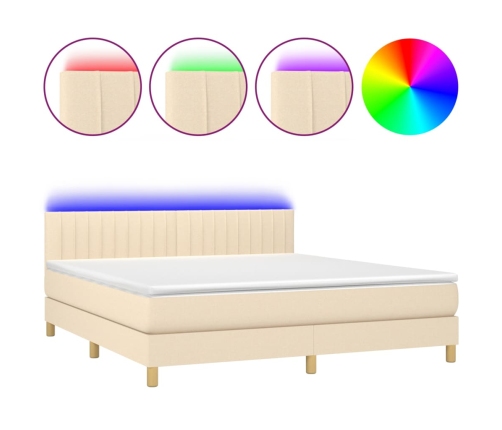 Cama box spring con colchón y LED tela crema 160x200 cm