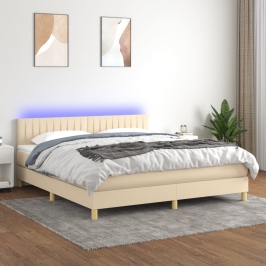 Cama box spring con colchón y LED tela crema 160x200 cm