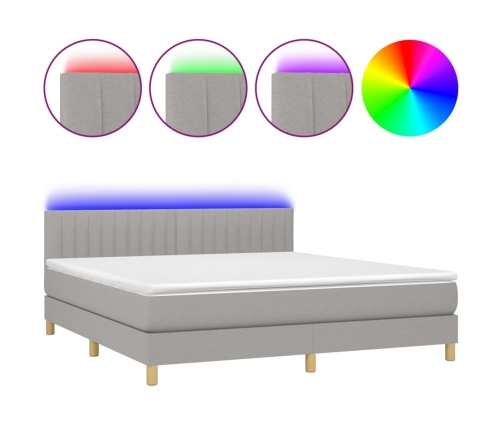 Cama box spring con colchón tela y LED gris claro 180x200 cm