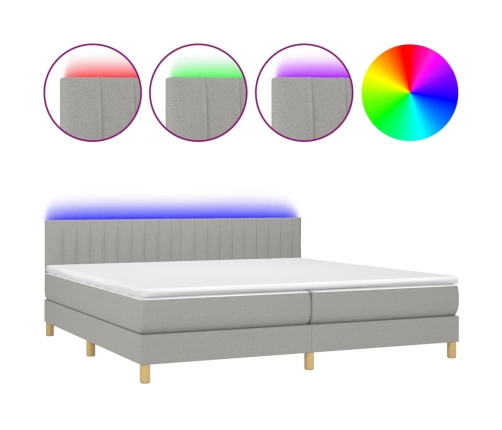 Cama box spring con colchón tela y LED gris claro 200x200 cm