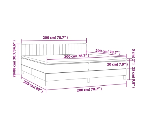 Cama box spring con colchón tela y LED gris claro 200x200 cm