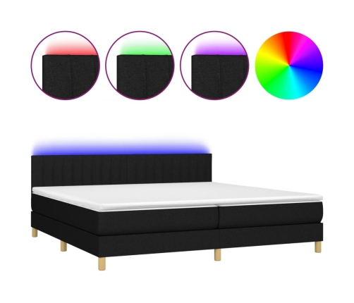 Cama box spring con colchón LED tela negro 200x200 cm