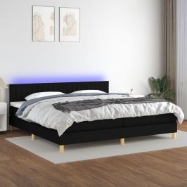 Cama box spring con colchón LED tela negro 200x200 cm