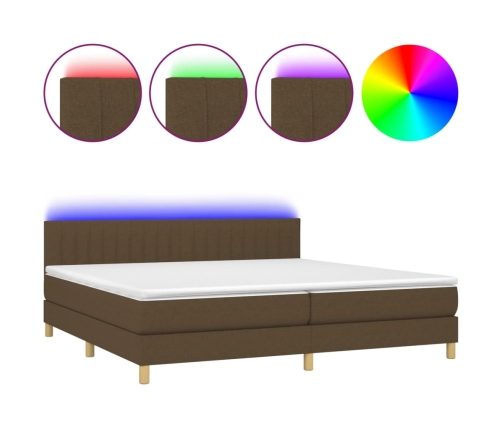 Cama box spring con colchón LED tela marrón oscuro 200x200 cm