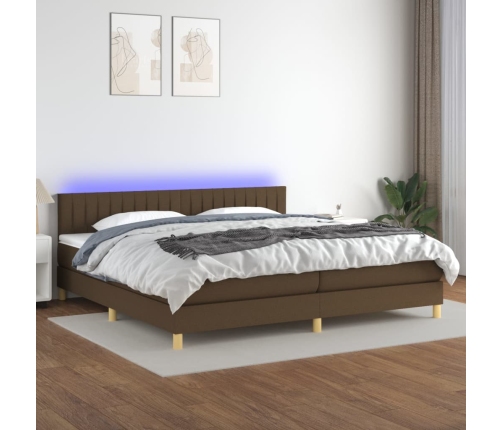 Cama box spring con colchón LED tela marrón oscuro 200x200 cm