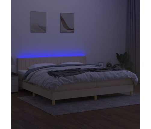 Cama box spring con colchón y LED tela crema 200x200 cm