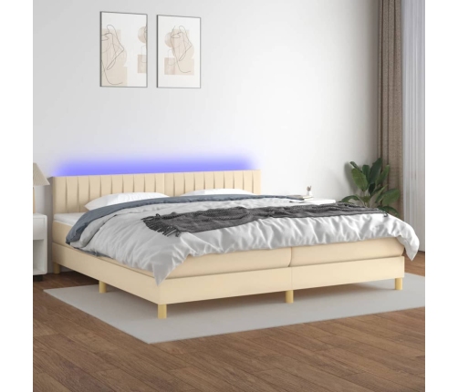 Cama box spring con colchón y LED tela crema 200x200 cm