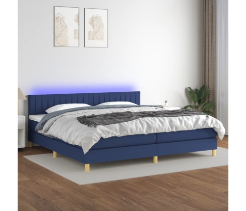 Cama box spring con colchón y LED tela azul 200x200 cm