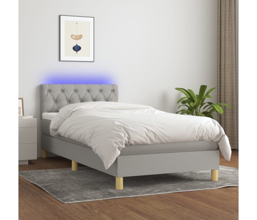 Cama box spring con colchón tela y LED gris claro 80x200 cm