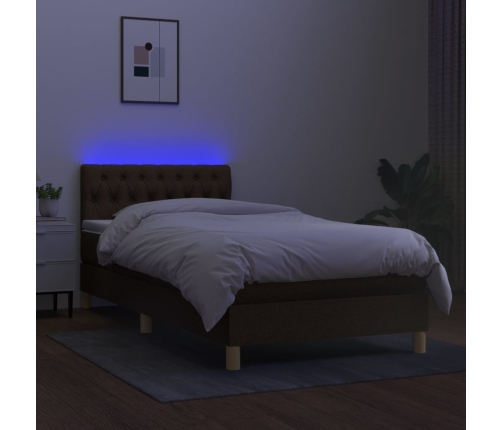 Cama box spring con colchón LED tela marrón oscuro 100x200 cm