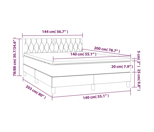 Cama box spring con colchón LED tela marrón oscuro 140x200 cm