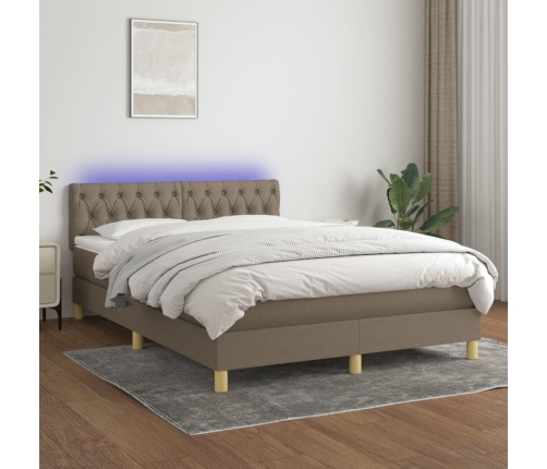 Cama box spring con colchón LED tela gris taupe 140x200 cm